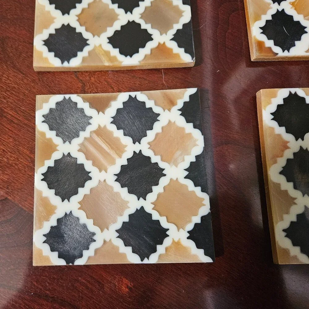4 MODERN MY MELA BONE INLAID BLACK BEIGE BAR DRINK WOOD COASTERS MADE IN INDIA